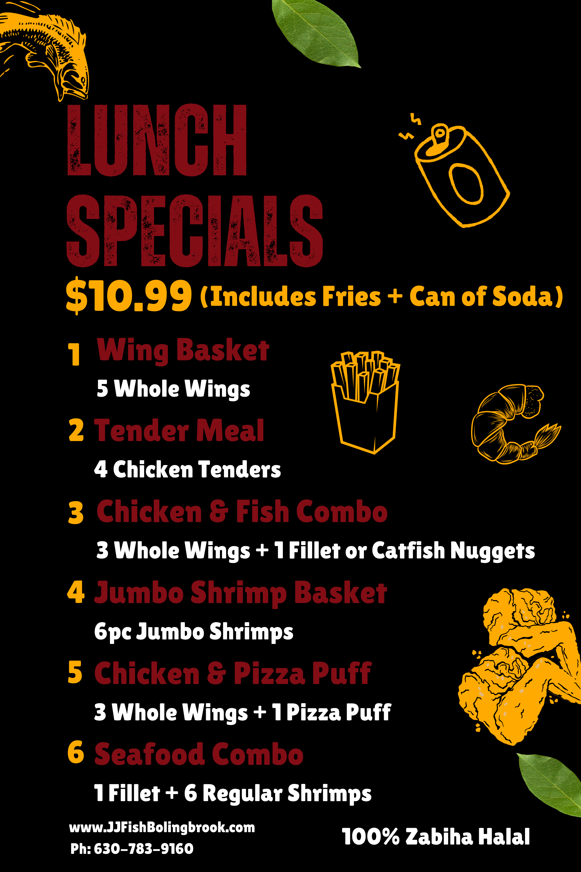 Lunch specials menu featuring daily dishes and combo meals at JJ Fish & Chicken - Halal